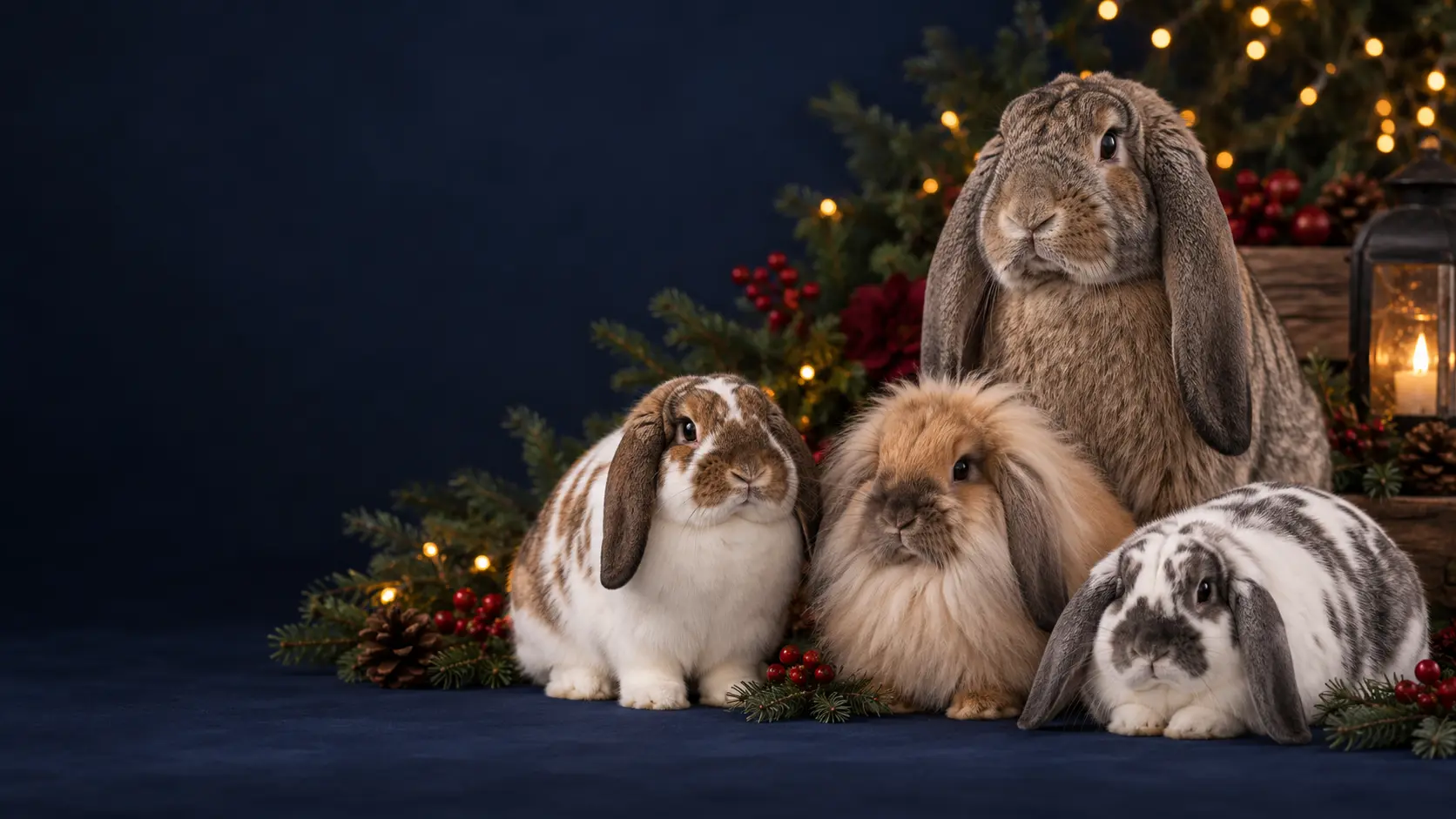 Four pedigree lop rabbits in a festive show setting